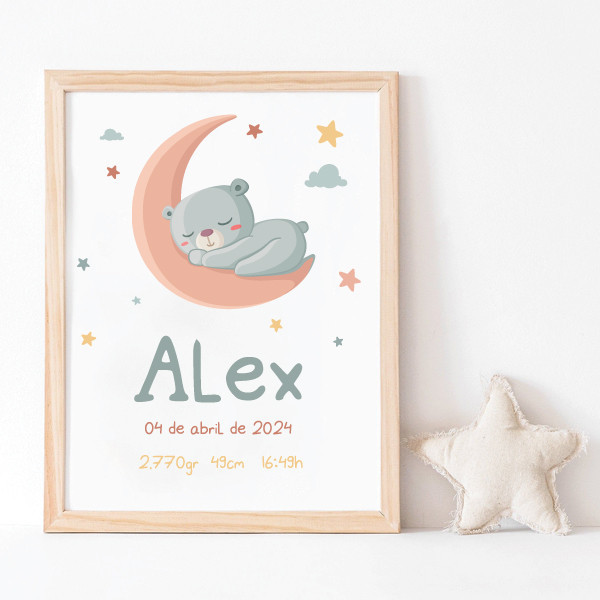 Lámina de nacimiento personalizable - Oso en la luna