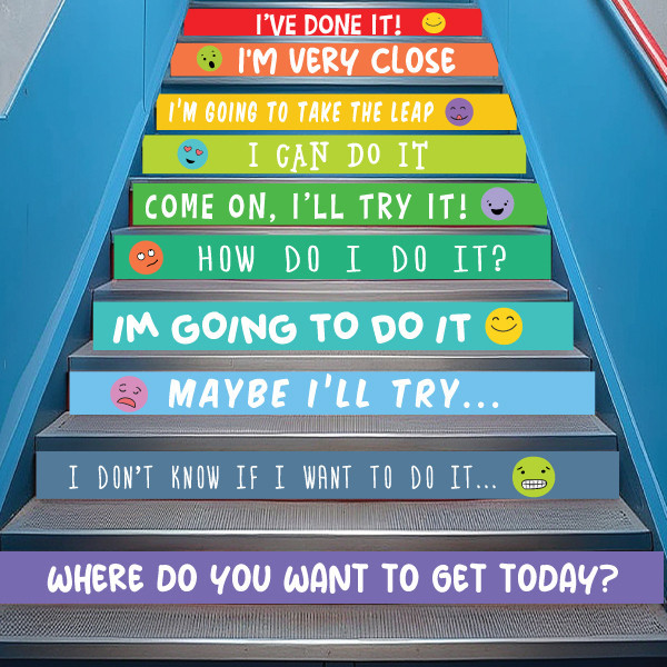 Vinilos de colores escaleras y peldaños - Frases de motivación y emoticonos