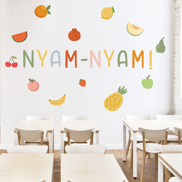 Montessori stickers for school canteens - Word Yum Yum + fruits