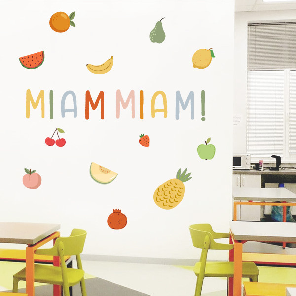 Stickers Montessori pour cantines scolaires - Mot MiamMiam + fruits