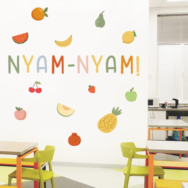 Stickers Montessori pour cantines scolaires - Mot MiamMiam + fruits