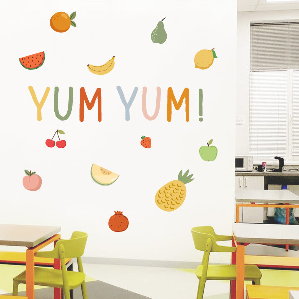 Stickers Montessori pour cantines scolaires - Mot MiamMiam + fruits