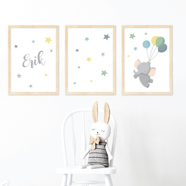 Elefante con globos. Cuadros infantiles. Decoración cuarto del bebé