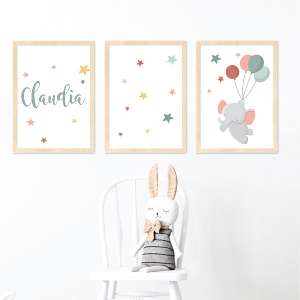Elefante con globos. Cuadros infantiles. Decoración cuarto del bebé