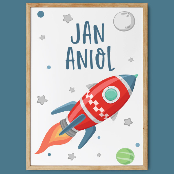 Decorative children's print - rocket in space. Decorate children's bedrooms
