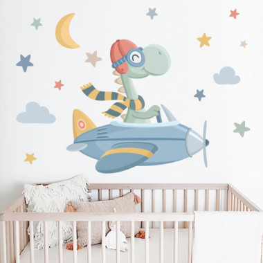 Habitaciones infantiles - Vinilo decorativo Avión con dinosaurio