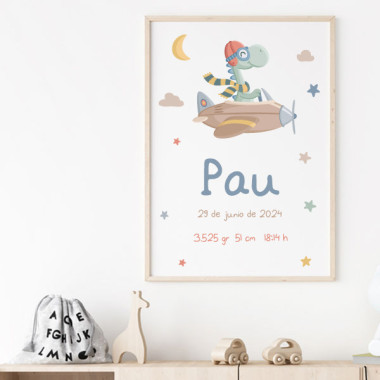 Personalized Birth Prints - Airplane with Dinosaur