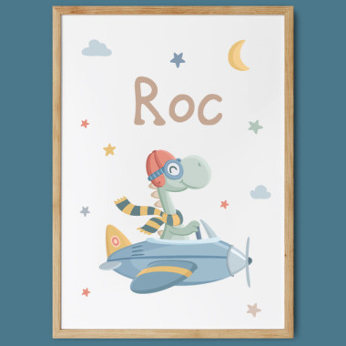Affiche personnalisée pour bébé – Dinosaure volant en avion | Décoration chambre bébé