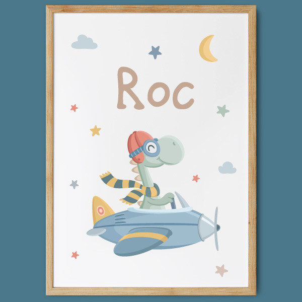 Affiche personnalisée pour bébé – Dinosaure volant en avion | Décoration chambre bébé