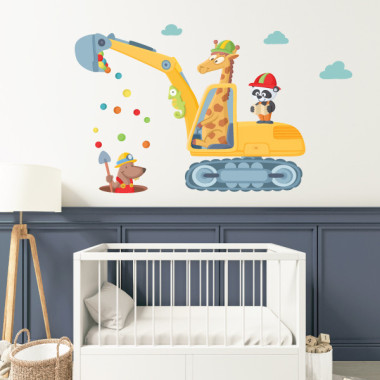 Excavator with animals - Children's sticker for boys