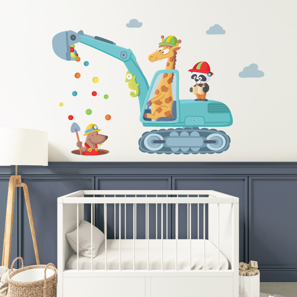 Excavator with animals - Children's sticker for boys