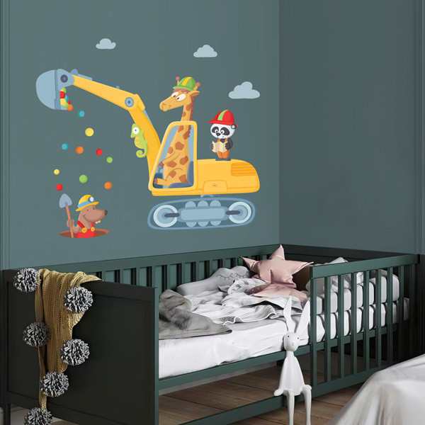 Excavator with animals - Children's sticker for boys