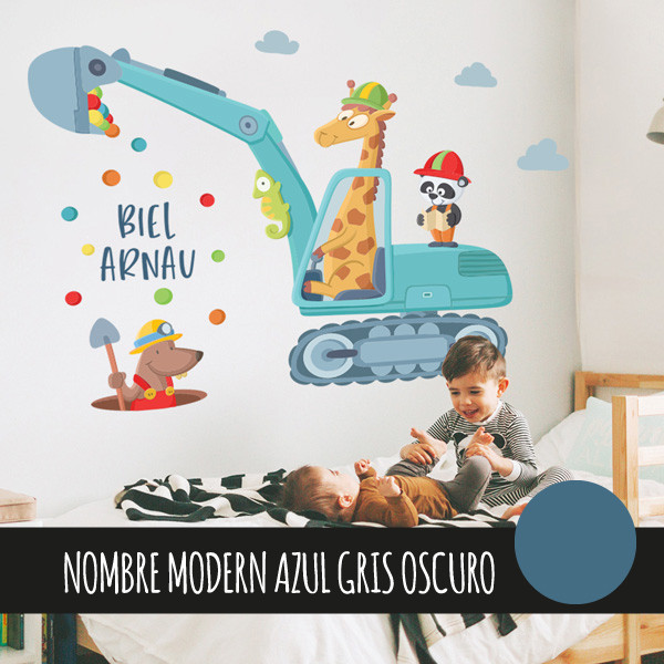Excavatrice avec animaux - Sticker mural pour enfants