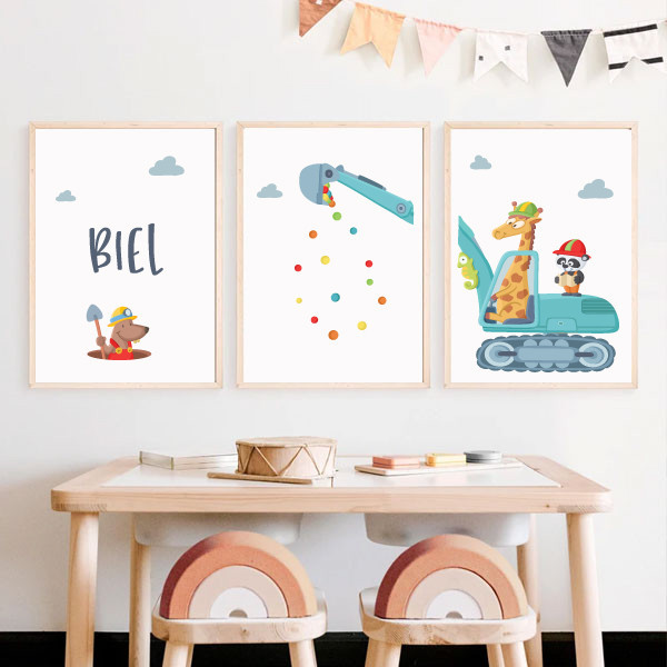 3 quadres infantils personalitzables - Excavadora amb animals