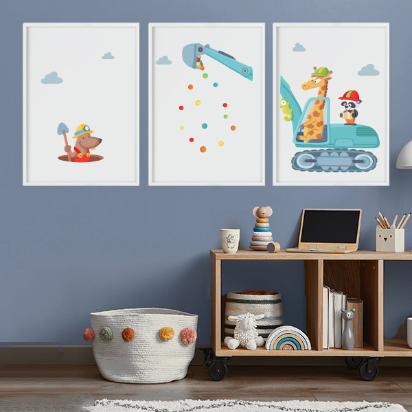 3 quadres infantils personalitzables - Excavadora amb animals