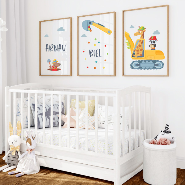 3 quadres infantils personalitzables - Excavadora amb animals