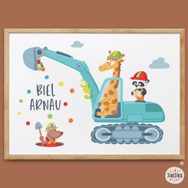Tableau enfant personnalisé avec prénom : Pelleteuse avec animaux. Idées déco chambre bébé