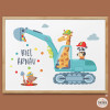 Cuadro infantil personalizado con nombre: Excavadora con animales. Ideas decoración dormitorio bebé