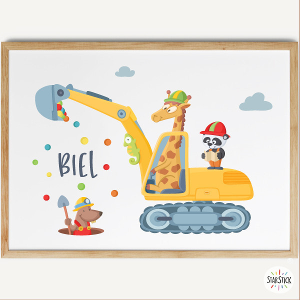 Personalized kids art prints - Excavator with animals