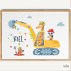 Cuadro infantil personalizado - Excavadora con animales