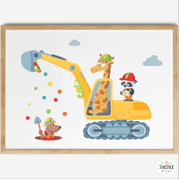 Quadre infantil personalitzat - Excavadora amb animals