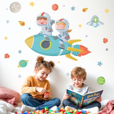 Kids rocket wall decal with boy and girl – Space wall decoration for children's room
