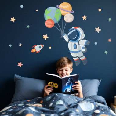 Vinilo infantil astronauta con planetas, pegatina adhesiva decorativa de pared para habitación infantil, bebé o niño.