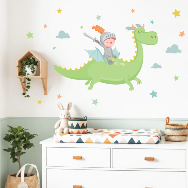 Vinilo decorativo infantil de caballero con dragón mágico para pared de dormitorio infantil.