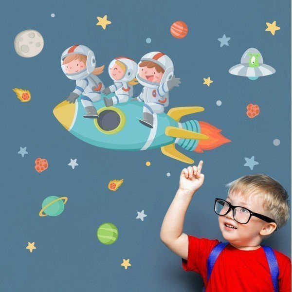 3 Enfants avec fusée - Stickers pour décorer les chambres de fratrie