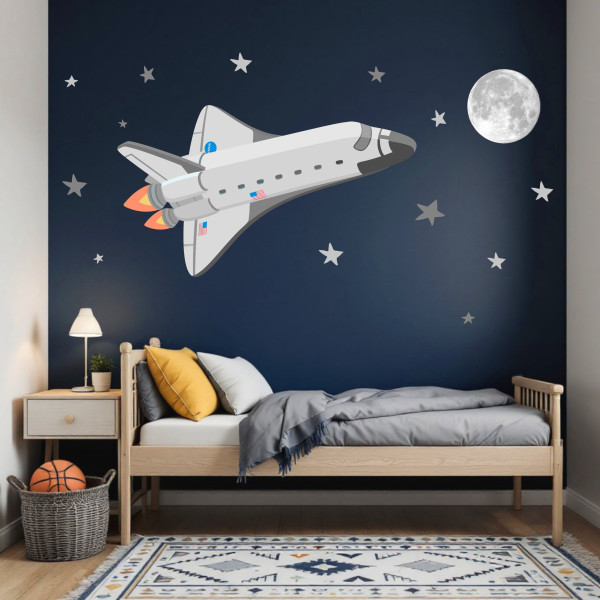 Sticker mural navette spatiale avec lune et étoiles pour chambre enfant décoration univers