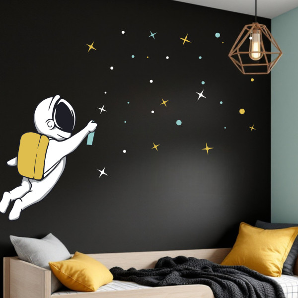 Sticker mural astronaute style graffiti avec étoiles pour chambre adolescent
