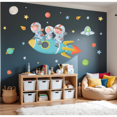 Kids wall sticker 3 siblings astronauts flying in a rocket with stars planets and moon decorating shared children's bedroom