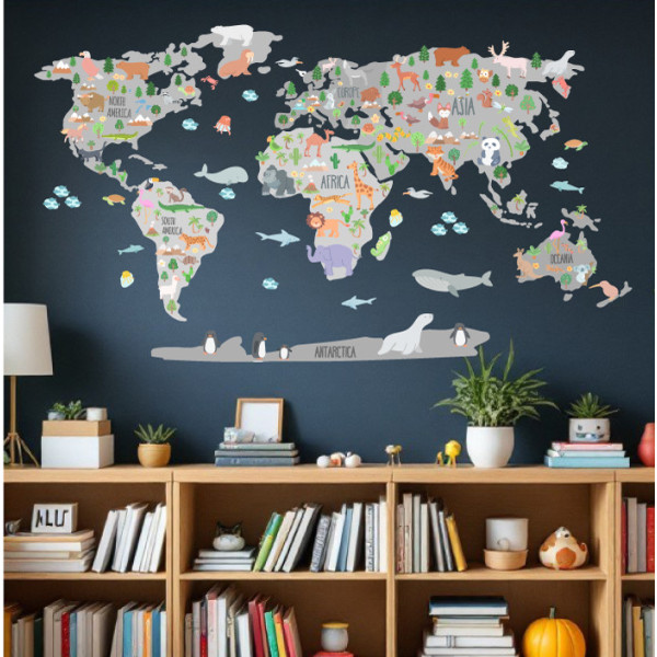 Sticker mural carte du monde enfant avec animaux en tons gris pour décoration éducative de chambre enfant StarStick