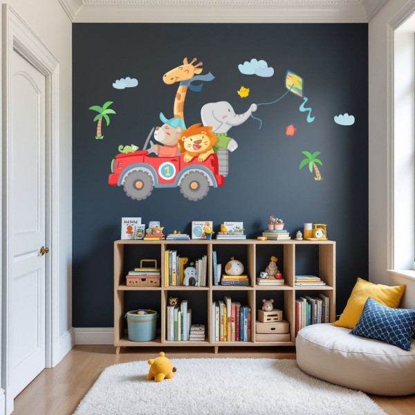 Vinilos infantiles coche todoterreno con animales – Vinilo decorativo de pared para habitación infantil y zona de juegos