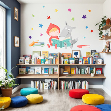 Mural decorativo escolar con Caperucita y lobo leyendo, vinilo educativo para pared de bibliotecas o aulas infantiles.