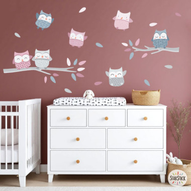 Sticker mural enfant hiboux rose poudré pour chambre de bébé