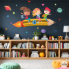 Vinilo infantil educativo cohete lápiz con niños decoración aula escolar