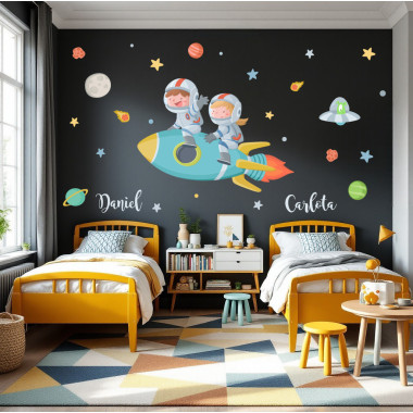 Vinilos infantiles decorativos de pared de niño y niña en cohete con nombre para habitación infantil