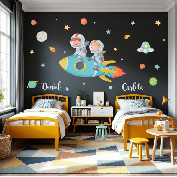 Niño y niña con cohete - Vinilos para decorar espacios infantiles