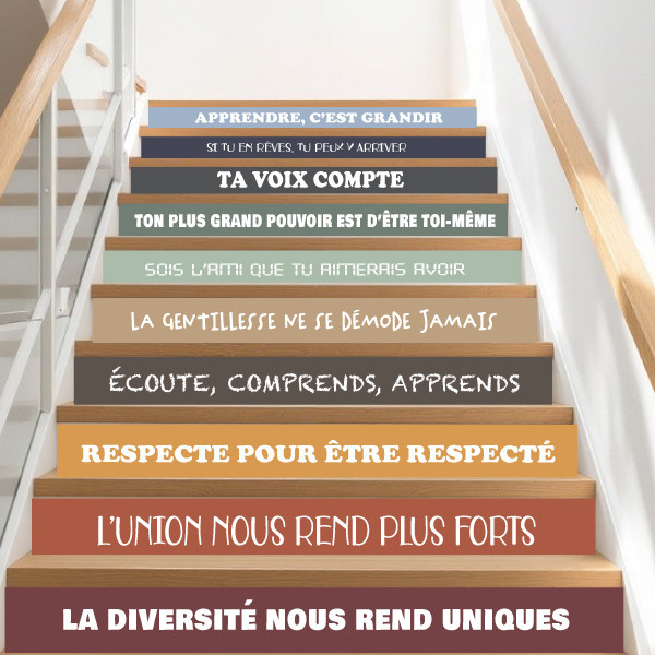 School staircase decoration. Decals with phrases promoting school cohesion