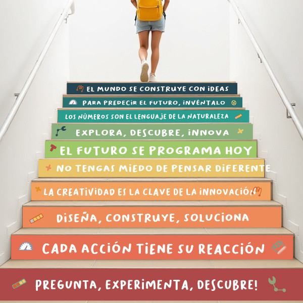Decoració escales d’instituts i escoles. Vinils amb frases STEAM
