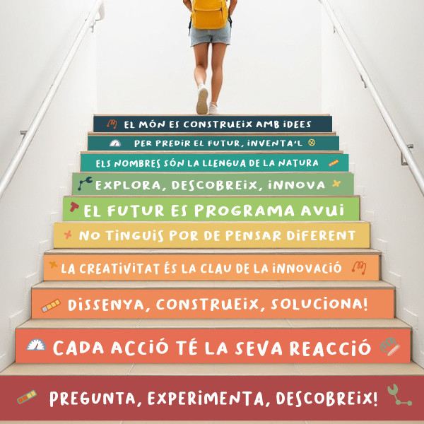 Decoració escales d’instituts i escoles. Vinils amb frases STEAM