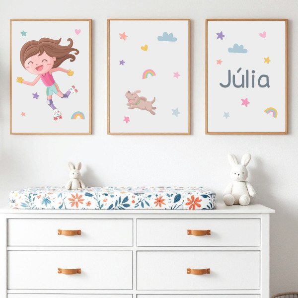 3 Cuadros decorativos para niñas. Niña patinadora. Personalízalos