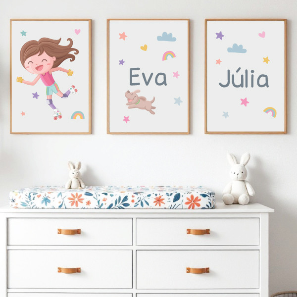 3 Cuadros decorativos para niñas. Niña patinadora. Personalízalos