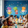 vinilo decorativo comedor escolar cocineros infantiles colores pared colegio niños
