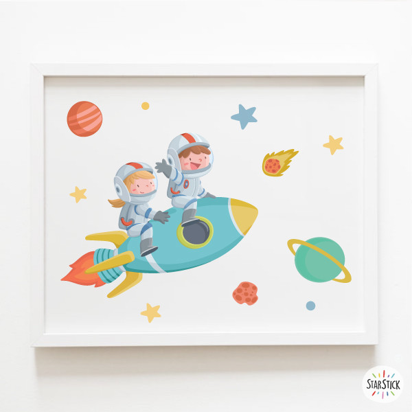 Children's print for shared rooms. Boy + girl with rocket