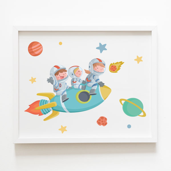 3 enfants avec fusée. Tableaux pour décorer les espaces infantiles