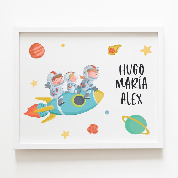 3 enfants avec fusée. Tableaux pour décorer les espaces infantiles