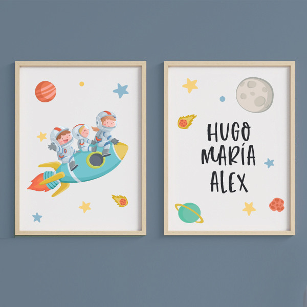 3 Hermanos con cohete. Cuadros infantiles para hermanos