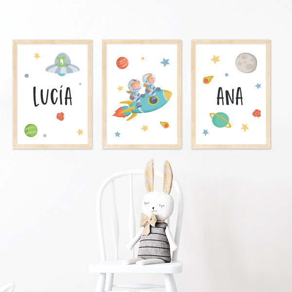 3 personalized prints. 2 girls with a rocket. Paintings for sisters